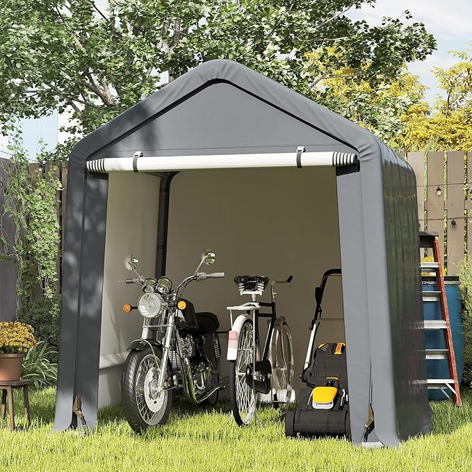 Tangkula 6x6.5Ft Portable Shed, Outdoor Storage Shelter with Waterproof Cover & Roll-up Zipper Door, Ratchet Strap, Heavy Duty Portable Storage Tents for Outside, Bikes, Garden Tools, Motorcycles