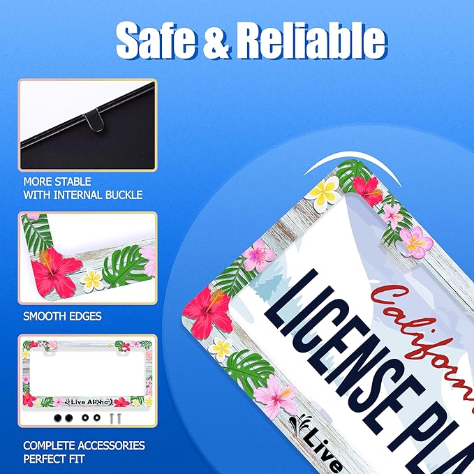 Aloha License Plate Frame Beautiful Hibiscus Flower License Plate Stainless Steel Funny License Plate Holder Hawaii Car Accessories Decoration with Screws Fits Standard Vehicles Size 12.3" x 6.3"