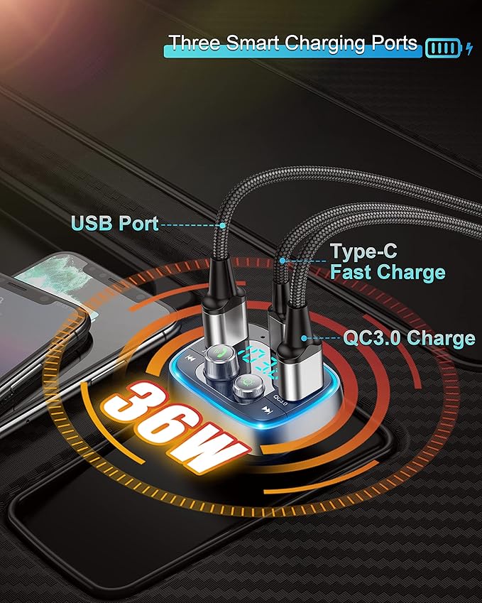 LIHAN USB C Bluetooth Adapter for Car, AUX Wireless FM Radio Transmitter, Handsfree Calling & Audio Receiver, MP3 Music Player, QC3.0 & Type-C PD USB Charger,7 Colors LED Backlit