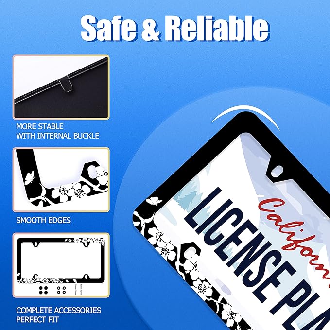 Black White Cherry Blossoms License Plate Frame Floral Flowers License Plate Stainless Steel Parts Colorful License Plate Decorative with Screws Size 12.3" x 6.3" Men Women