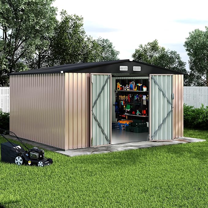 10x12x6.4 FT Outdoor Storage Sheds with Floor, Metal Garden Tool Shed for Backyard, Large Metal Sheds Outdoor Storage With Lockable Doors & Air Vents for Backyard Garden Patio Lawn