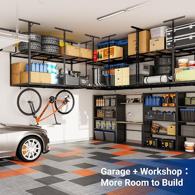FLEXIMOUNTS 4x8 2-Tier Overhead Garage Storage Rack – Adjustable Heavy Duty Metal Garage Ceiling Storage Racks, 1000 lbs Capacity – Garages Organization System for 10–15 ft Tall Garages, Black
