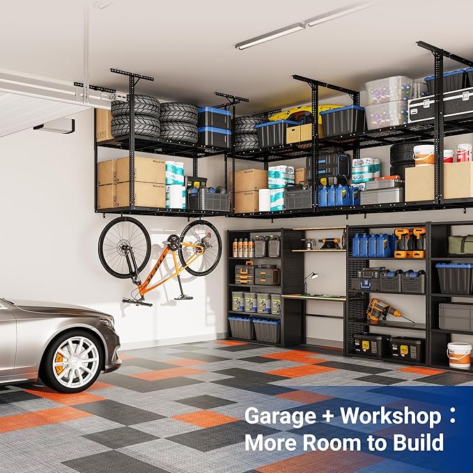 FLEXIMOUNTS 3x6 2-Tier Overhead Garage Storage Rack – Adjustable Heavy Duty Metal Garage Ceiling Storage Racks, 880 lbs Capacity – Garages Organization System for 10–15 ft Tall Garages, Black