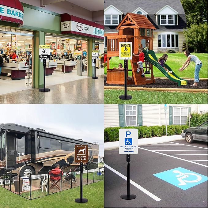 Parking Sign Post 48" Heavy Duty Cast Iron Parking Signs Stand, Movable Sign Stand for Hanging Signs, Black (2 Packs, 15pounds)