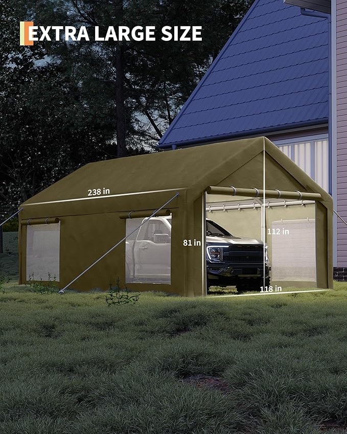 10x20 Ft Carport, Car Port with 200g PE Tarp, Roll-Up Doors, and 4 Windows, for Sedans, Bass Boats, Motos, ATVs, and SUVs, Khaki