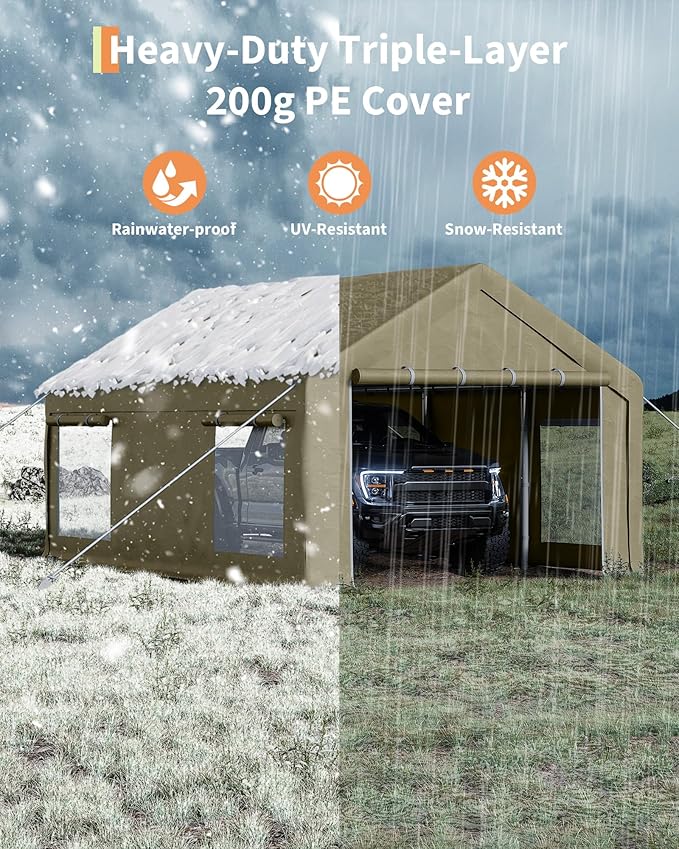 12x20 Ft Carport, Car Port with 200g PE Tarp, Roll-Up Doors, and 4 Windows, for Full-Size Pickups, Bass Boats, Tractors, and SUVs, Khaki