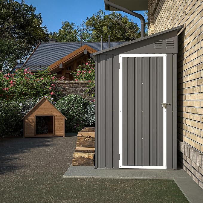 4x8 FT Outdoor Storage Shed,Lean to Metal Shed W/Floor Included,Garden Storage Shed W/Lockable Door,All Weather Waterproof Tool House W/ 2 Air Vents,for Backyard,Patio,Lawn,Garden,Gray