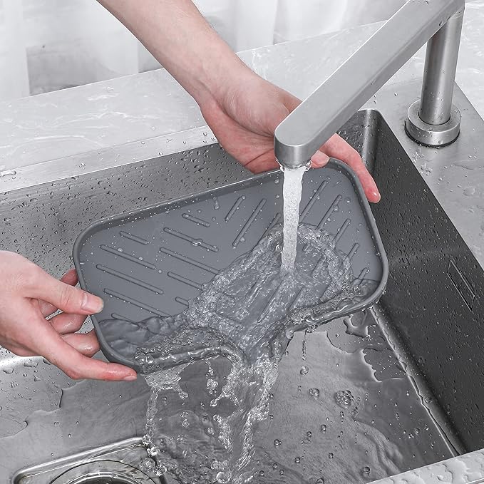 Silicone Bathroom Soap Dishes with Drain Spout-Bathroom and Kitchen Sink Organizer,Sponge Holder,Dish Soap Tray,Perfect for Dispenser,Scrubber,Bottle,Cup on Sink or Counter-Grey 9.6"×5.3"
