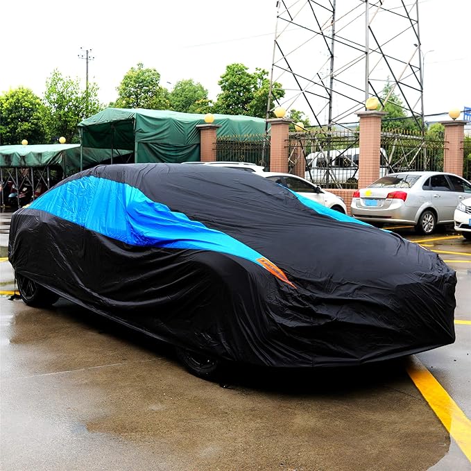 MORNYRAY Waterproof Car Cover All Weather Snowproof UV Protection Windproof Outdoor Full Car Cover, Universal Fit for Coupe/Cabrio (Length 204-217 Inch, Blue)