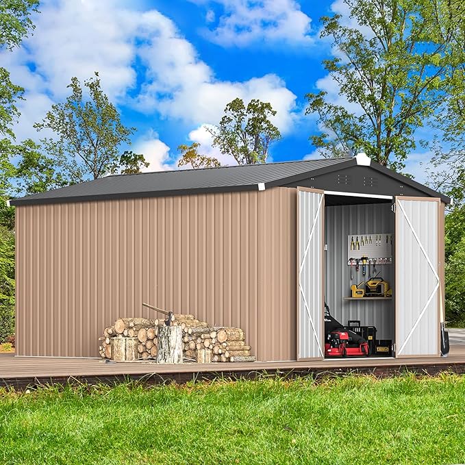AECOJOY 10' x 14' Shed Metal, Outdoor Storage Sheds & Outdoor Storage 10' x 14' with Lockable Doors, Large Steel Yard Shed, Utility and Tool Storage for Garden, Backyard, Patio, Outside use in Grey