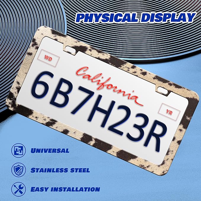 Brown Cow Print License Plate Frame Animal License Plate Frames Personalise Stainless Steel Funny Design Compatible with Standard License Plate Holder for USA Canada 6 X 12 Inch with Screws