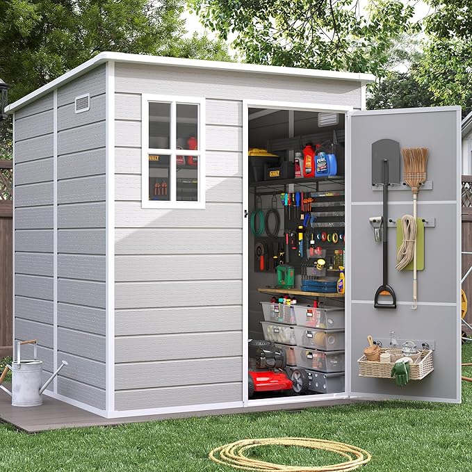 Resin Outdoor Storage Shed with Floor, 6x6 FT Plastic Garden Shed, Lockable Door & Window, Waterproof Tool Shed for Bike, Garbage Can, Lawn Mower, Patio Furniture Bedge