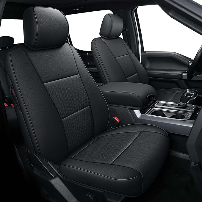 AOMSAZTO Front Seat Covers for Ford F150 XL XLT: 2015-2024 SuperCrew & F250 F350 F450 2017-2024 Super Duty Crew Cab XL XLT Faux Leather Full Set Seat Cover (Black, 2PCS Front)