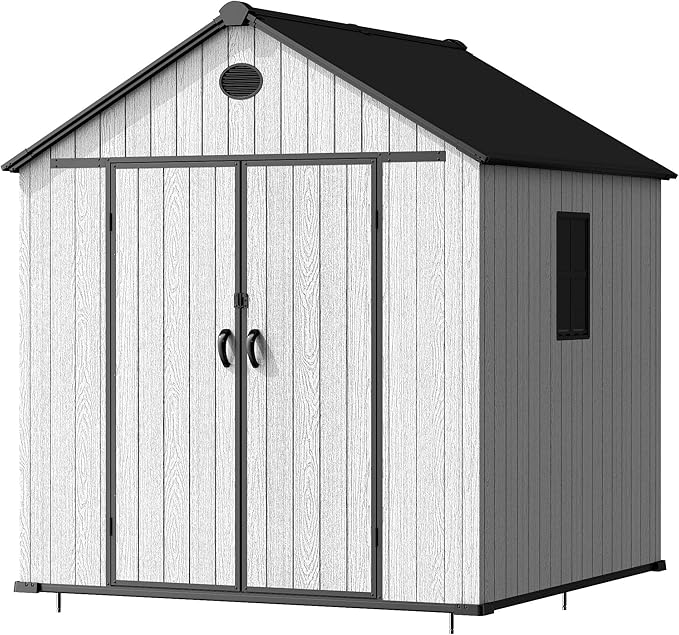 7.3x7.3 FT Resin Outdoor Storage Shed Large, 376 Cuft Garden Tool Sheds & Outdoor Storage Plastic Shed with Floor, 8FT Tall Backyard Lawn Mower Storage Shed with Side Window, Cemented Grey