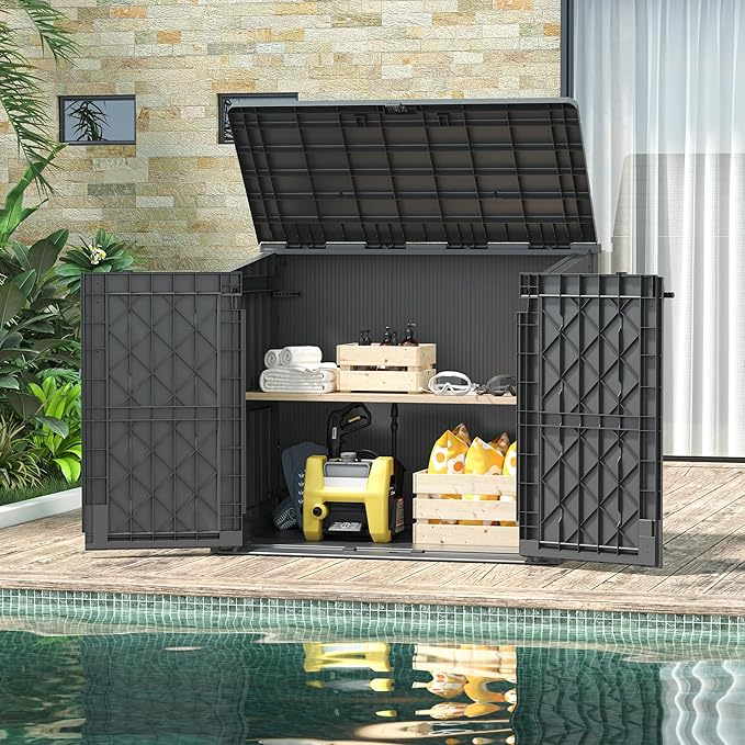 Outdoor Storage Shed 36 Cu. Ft. Resin Garden Horizontal Storage Large Capacity Weather Resistant Storage Box, Lockable Resin Waterproof Shed for Garbage Cans, Garden Tools