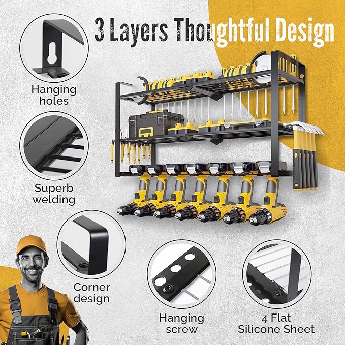 Power Tool Organizer Wall Mount 3 Tier 7 Drill Holders support up to 300Lbs - Metal Cordless Garage Wall Organizer for Cordless Drill, drill holder Rack Suitable for workshop organizers and storage