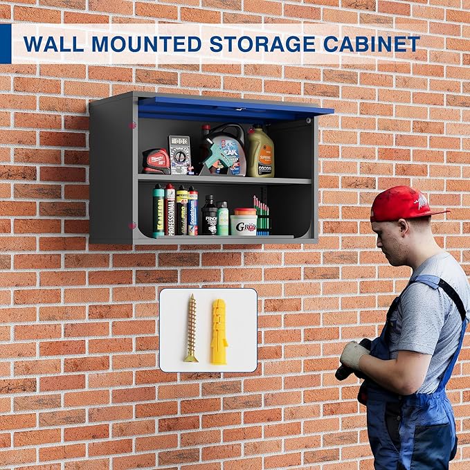 Metal Storage Cabinet Blue&Gray Wall Cabinets with Shelf and Locking Door - Wall Mounted Storage Cabinet for Garage Warehouse Home Office - Assembly Required