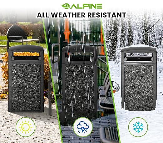Alpine Outdoor Commercial Trash Can with Lid - 55 Gallon Heavy Duty Steel Garbage Can with Removable Bin, Locking Door for a Modern Look in Park, Mall & High Traffic Areas - Black, Grey Stone Panels