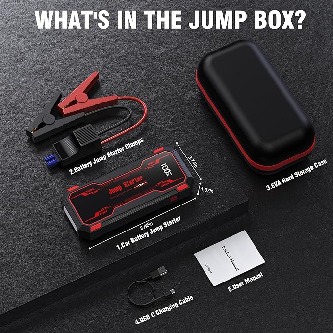 Car Jump Starter 6000A Car Battery Jump Starter Portable,12V Battery Jumper Starter Portable(10.0L Gas/8.0L Diesel),LCD Display Jump Box Jump Starter Battery Pack with Jumper Cables & Flashlight-Red