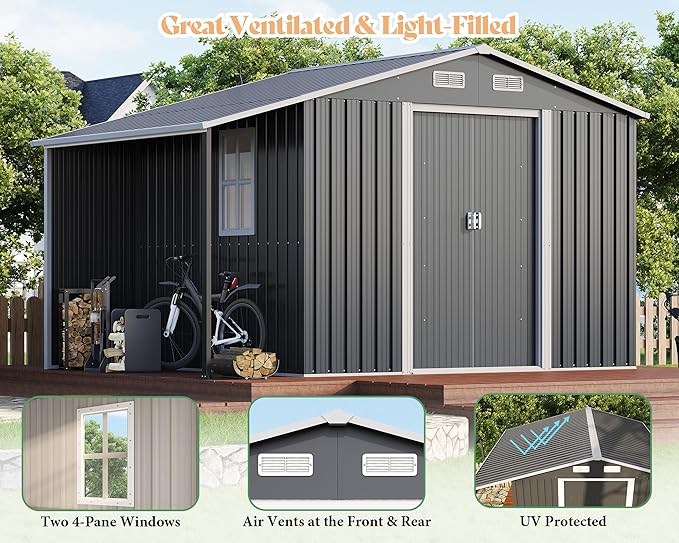 Jocisland 10.6x6.8x6.3 FT Galvanized Metal Storage Shed with Open Firewood Bay, Sliding Doors & Ramp, 2 Windows & Vents, Weather-Resistant Outdoor Tool/Garden Shed, Dark Grey/White