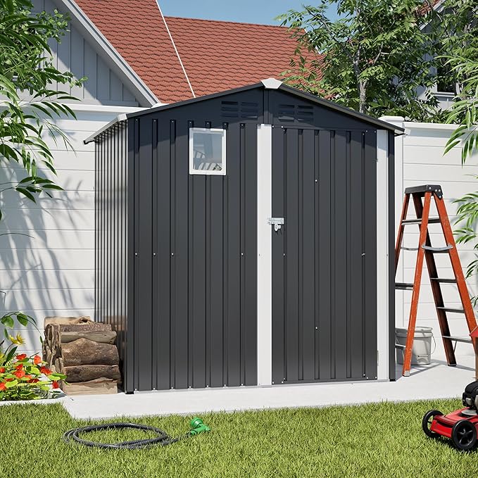 6x4 FT Outdoor Storage Shed,Metal Shed with Window,Garden Shed W/Dual Air Vents & Lockable Sliding Door,All Weather Waterproof Tool House W/Sloped Roof,for Patio,Yard,Lawn,Black