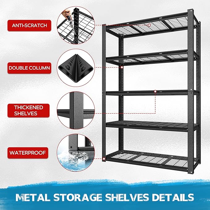 MUPATER 72" H x 47.6" W x 18.1" D Metal Storage Shelves, 5 Tier Shelves and Adjustable Shelves, Garage Shelving Unit, Standing Utility Rack for Warehouse Kitchen
