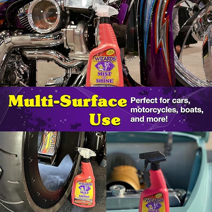 Wizards Mist-N-Shine Detail Spray - 22 Oz - Multi-Purpose High Gloss Finish Waterless Quick Detailer Spray for Glass, Chrome, Paint and Plastics - Car Exterior Cleaner for Auto Detailing Supplies