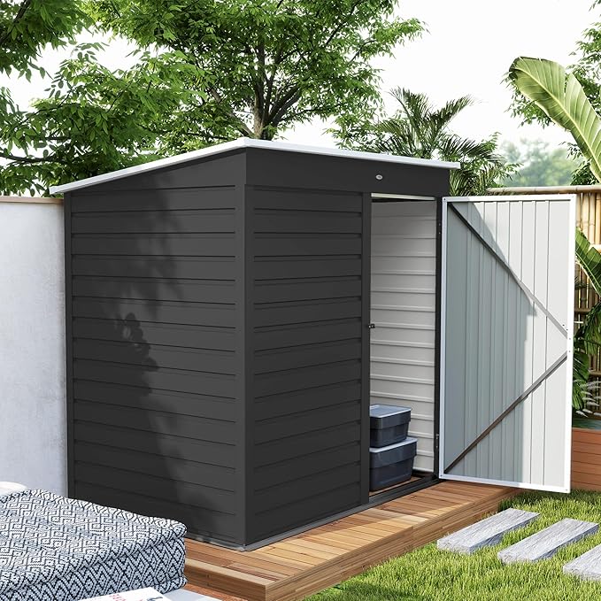 Outsunny 6' x 4' Outdoor Storage Shed, Easy to Assemble, Metal Garden Tool Shed with Lockable Door and Gloves for Backyard Garden Patio Lawn, Dark Gray