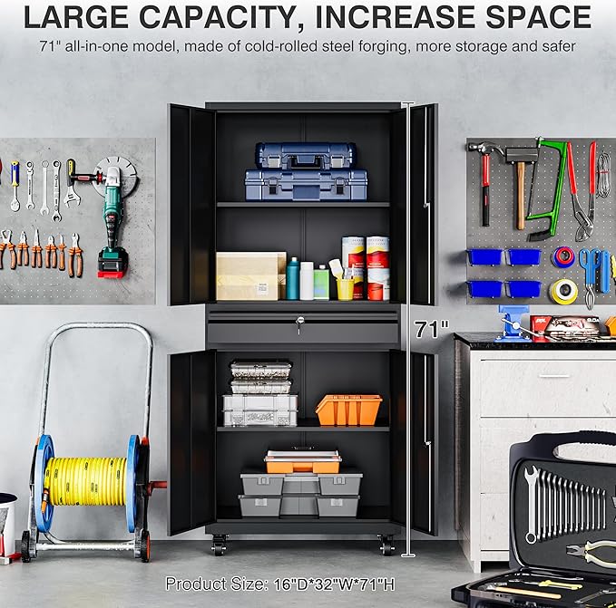 Metal Garage Storage Cabinet with Wheels and Drawer,73" Tall Black Rolling Garage Cabinet with Locking Doors and Adjustable Shelves,Mobile Metal Storage Cabinets on Wheels for Home,Office,Garages,Tool