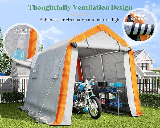 AMERLIFE 8x10x8 FT Heavy Duty Portable Shed Storage Shelter, Outdoor Storage Shed with 4 Waterproof Windows & Roll-Up Zipper Door, Carport for Motorcycle, Bike, Grey