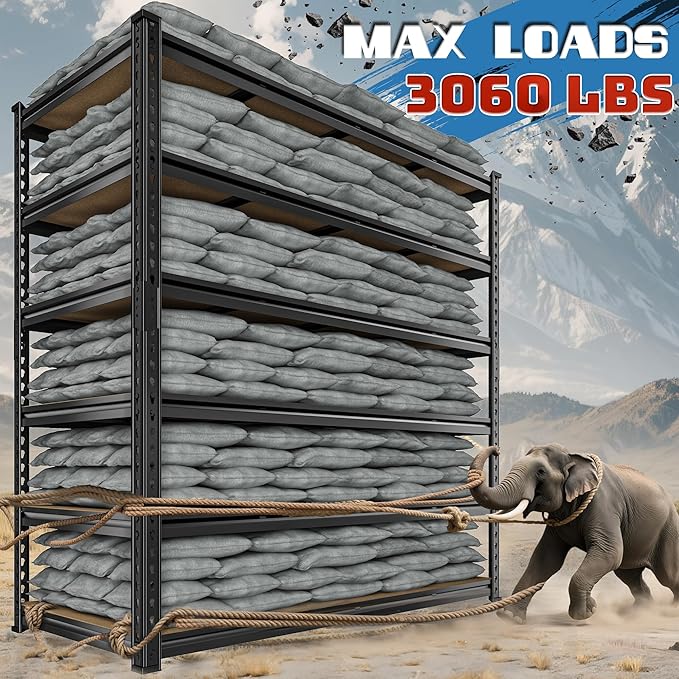 55" W Storage Shelves, 3060LBS Garage Shelving Heavy Duty, 6-Tier Heavy Duty Shelving, Adjustable Metal Shelving Unit for Garage, Warehouse, Pantry, Kitchen, 55" W × 24" D × 84" H, Black