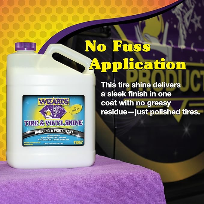 Wizards - Vinyl & Tire Shine Spray, Tire Dressing and Protectant, Professional Detail Spray, No Sling Off, Anti-static Car Detailing Spray, KeepingTires & Vinyls Look New, Car Care Products, 1 Gallon