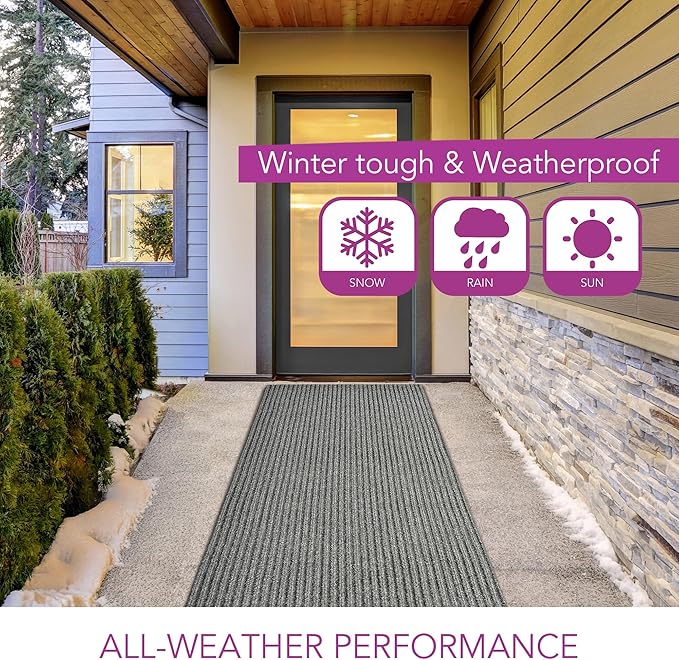 iCustomRug Spartan Weather Warrior Indoor/Outdoor Utility Ribbed Carpet Runner with Non-Slip Thermoplastic Rubber Backing, 3ft X 26ft in Grey