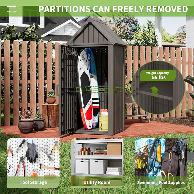 Shed Outdoor Storage Shed with Sloping Roof and Lockable Door, Resin Outdoor Storage Box Cabinet Waterproof and Multiple Hooks for Backyard, Patio, Poolside, Grey