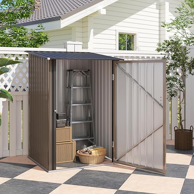Outsunny 3.3' x 3.4' Outdoor Storage Shed, Metal Garden Tool House with Sloping Roof and Lockable Door for Backyard, Bike, Patio, Garage, Lawn, Brown