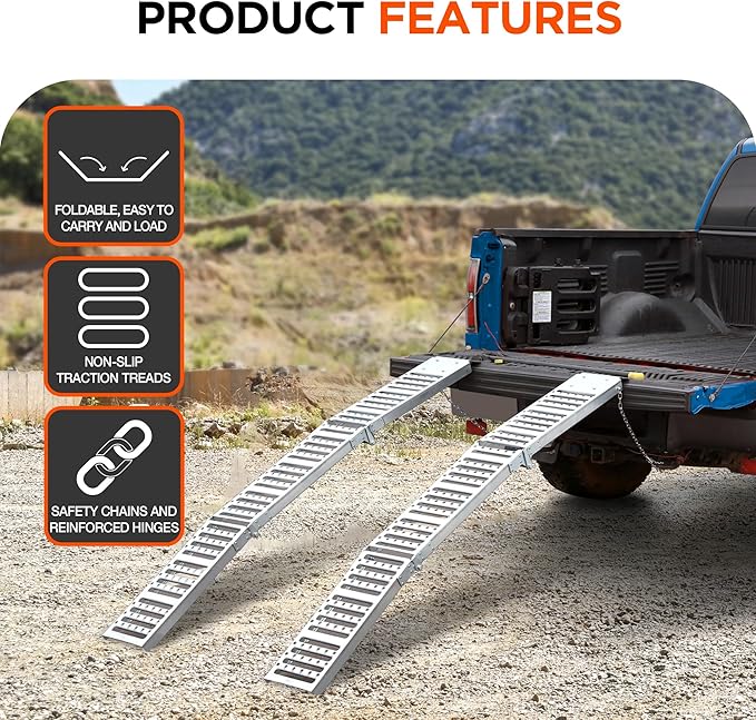 Rockland 72" x 9" Tri-Fold Steel Truck Ramps, 1000 LBS Capacity, Folding Trailer Ramps for Motorcycles, Ebikes, Dirtbikes and ATVs, Heavy Duty Loading Ramps for Trailer Pickup Truck, 2 Pcs