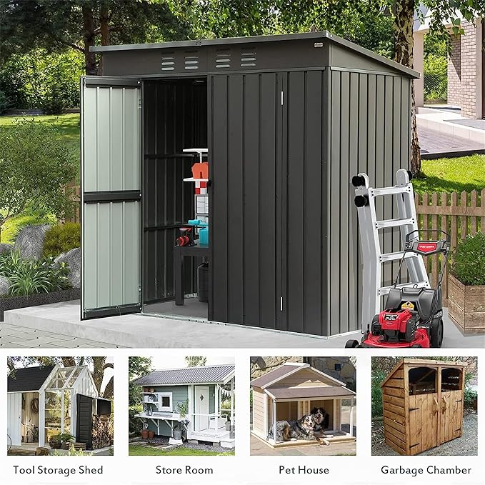 IKERY Galvanized Steel Garden Shed 6' x 4' with Sloping Roof & Lockable Door - Metal Utility Storage Shed for Backyard Tools - Dark Gray