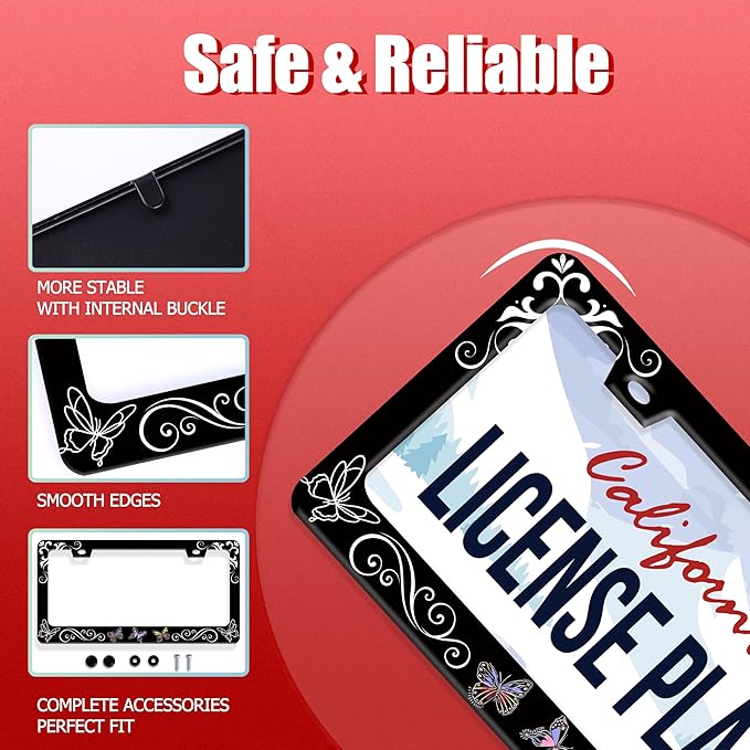 Butterfly License Plate Frame Butterflies Floral License Plate Frames for Car Decorative Parts Stainless Stee License Plate for Standard Us Canada Funny License Plate Holder 12x6 Inch