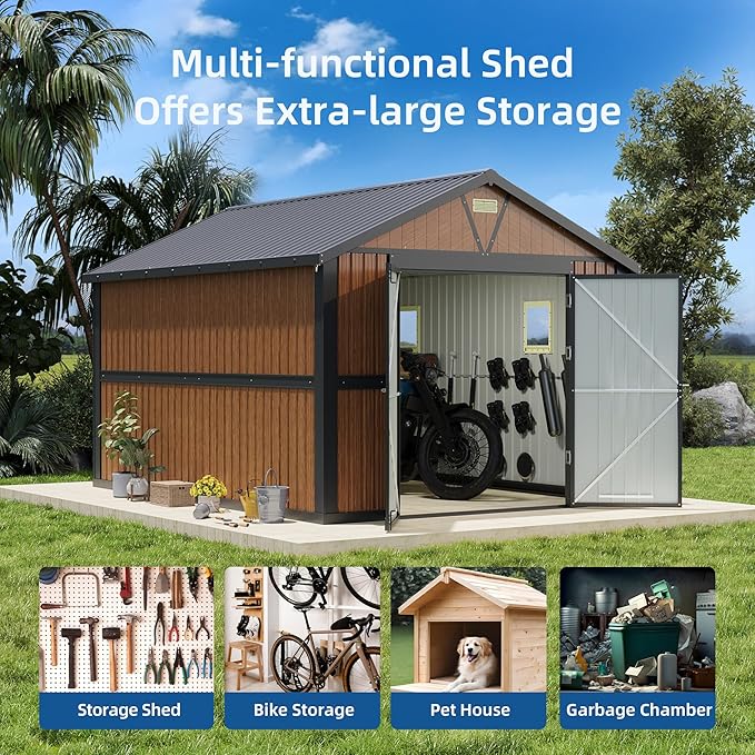 10x12FT Outdoor Storage Shed, Metal Garden Shed with Floor Base, Lockable Doors and Windows, Large Tool Shed for Backyard, Patio and Lawn