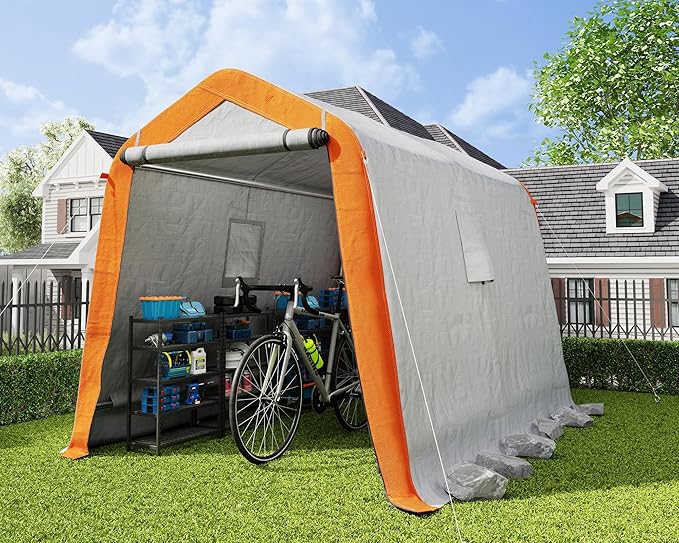 AMERLIFE 6x8x6.6 FT Heavy Duty Portable Shed Storage Shelter, Outdoor Storage Shed with 2 Waterproof Windows & Roll-Up Zipper Door, Carport for Motorcycle, Bike, Grey