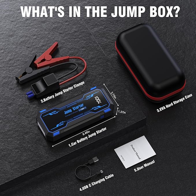 Car Jump Starter 6000A Car Battery Jump Starter Portable,12V Battery Jumper Starter Portable(10.0L Gas/8.0L Diesel),LCD Display Jump Box Jump Starter Battery Pack with Jumper Cable & Flashlight-Blue