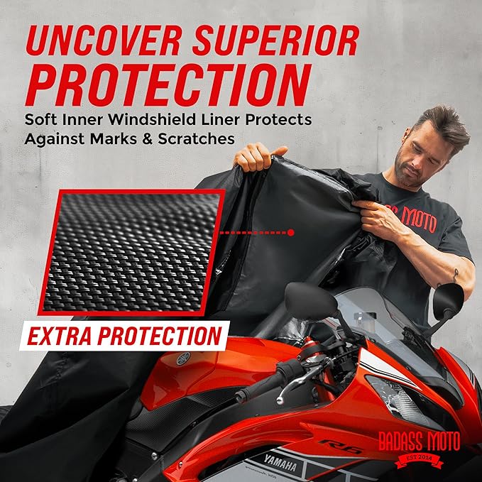 Badass Moto Ultimate Motorcycle Cover Waterproof Outdoor Heavy Duty Fits Harley Davidson Sportster Cover Durable Rain Sun Weather Shelter For Triumph, Fat Bob, Indian Scout, Sport Bike, Medium Cruiser