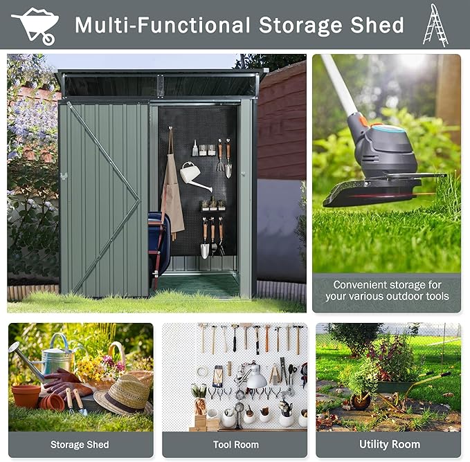 Metal 5x3 FT Garden Storage Shed, Outdoor Small Shed with Sloped Water-Resistant Roof and Lockable Door for Backyard, Patio,Garage and Bike Storage Grey