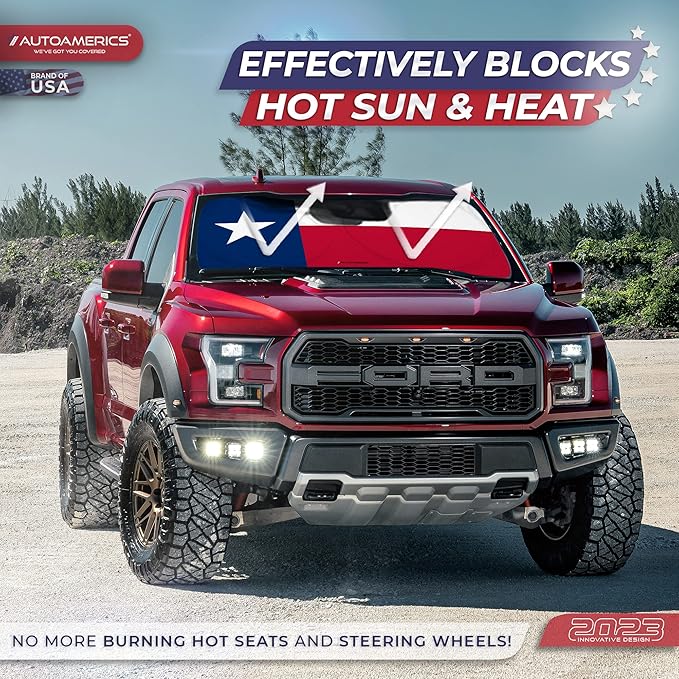Autoamerics 1-Piece Windshield Sun Shade American Texas Flag USA Patriotic Design - Foldable Car Front Window Sunshade for Sedans SUV Truck - Blocks Max UV Rays and Keeps Your Vehicle Cool - Large