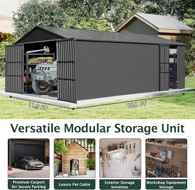 Domi 12’x20’ Outdoor Metal Garage Shed, All Weather Enclosed Carport with Sidewalls & 2 Lockable Doors, Extra Large Backyard Storage Shed for Car, Truck, Lawn Mower, 80MPH Wind Resistance, Dark Grey