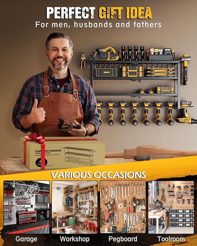 MAXIFFE 4 Layer Power Tool Organizer, 9 Drill Holder Heavy Duty Metal Wall Mount Cordless Tool Organizers and Storage Rack Holder for Garage Workshop Pegboard, Gifts for Men, Black, 32 inch