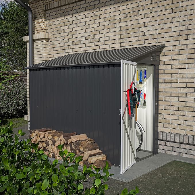 4x8 FT Outdoor Storage Shed,Lean to Metal Shed W/Floor Included,Garden Storage Shed W/Lockable Door,All Weather Waterproof Tool House W/ 2 Air Vents,for Backyard,Patio,Lawn,Garden,Black