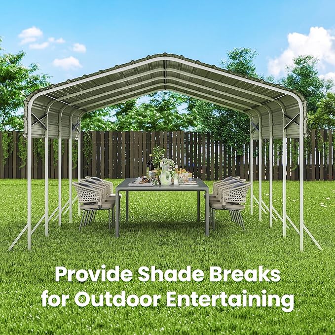 12x20ft Heavy Duty Metal Carport – Outdoor Galvanized Garage, Sturdy Structure, All-Weather Protection, Easy Assembly for Cars, Trucks, Boats, Tractors, and Outdoor Storage (White, 12x20FT)
