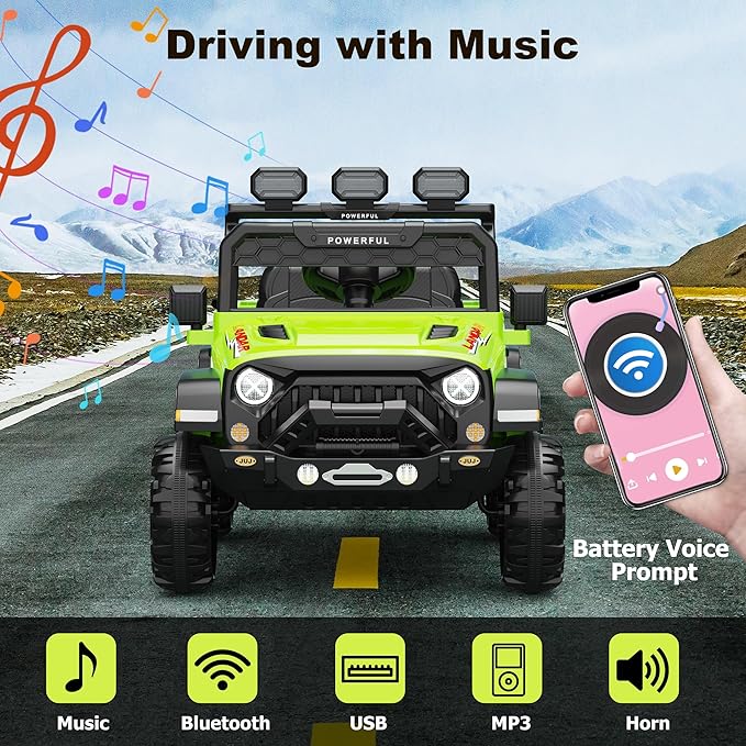 Kids Electric Vehicle, 12V Battery Powered Ride On Car with 2.4G Remote Control, Electric Car for Kids, 3 Speed Ride On Toy, Soft Start, LED Lights, Bluetooth, Green