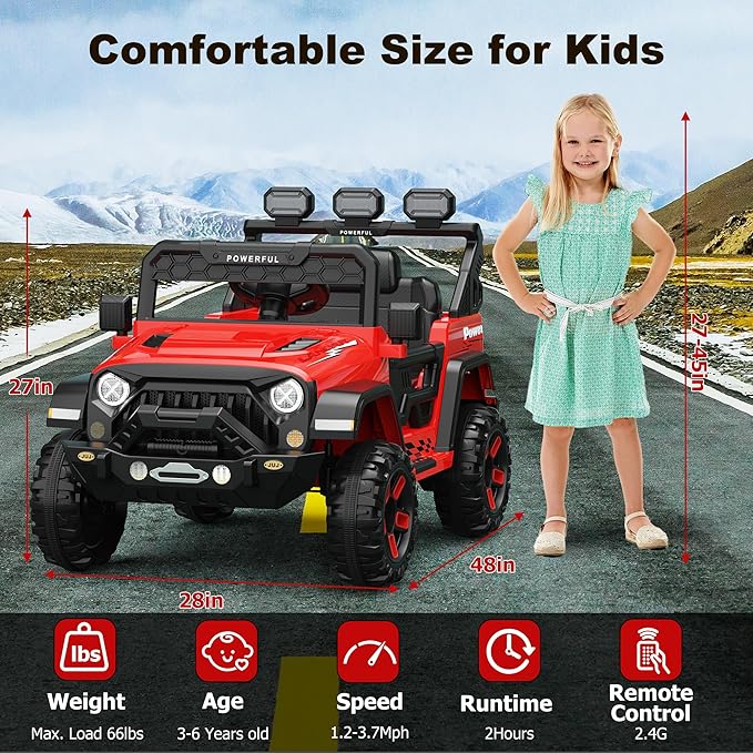 12V Kids Ride On Car with Parent Remote Control, Electric Car for Toddlers, Kids Electric Vehicle, Power Wheels Ride On Toy Big Kid, 3 Speeds, LED Lights, Bluetooth, Red